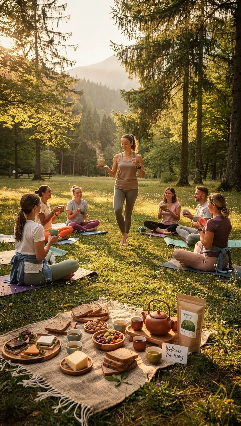 Nápoje z čaju Gyokuro servírované na drevenom podnose s japonskými dezertmi.