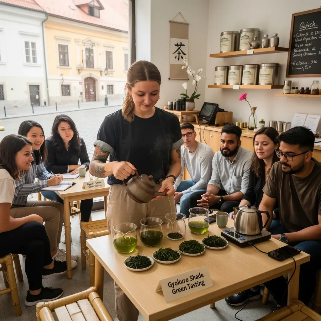 Záber na čajovú ceremóniu, kde sa pripravuje Gyokuro s dôrazom na tradíciu.